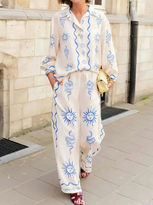 'Betony' Sun Print Long Sleeve Shirt and Pants Set - Celes Fashion